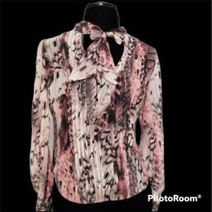 JLo Pink Leopard Print Chiffon Tie Neck Pin tucked Long Sleeve Blouse